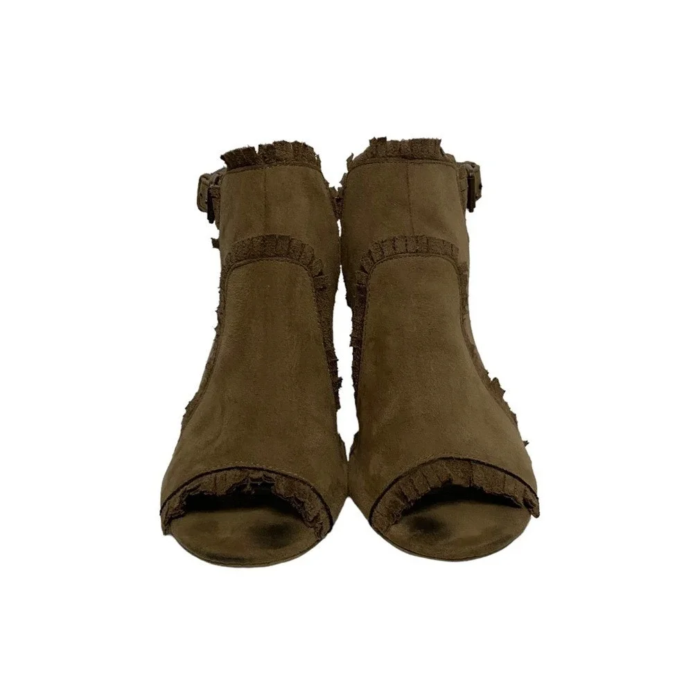 MIA Patrice Summer Chic Fringe Open Toe Sling Back‎ Block Heel Booties Brown